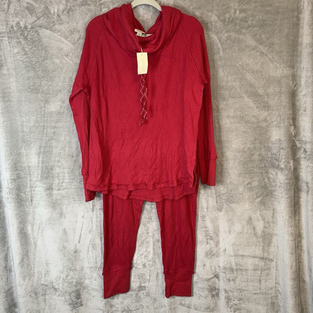 Sundance Waffle Knit Lounge Set Red Size L/XL Cowl Neck Joggers Comfy NWT